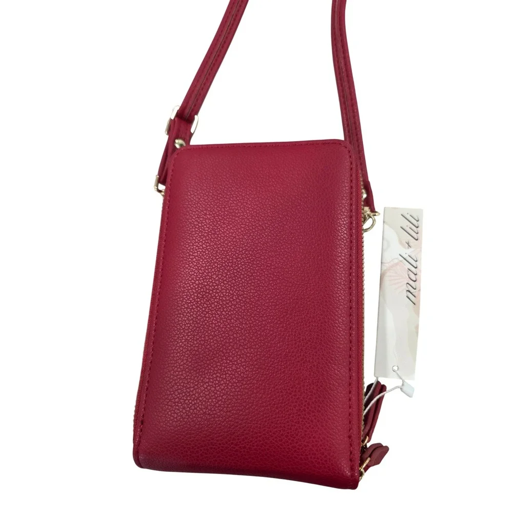 Mali Lilu Red Faux Leather Crossbody Phone‎ Wallet Bag with Gold Zippers